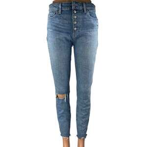 Paige Hoxton Blue High Waist Distressed Frayed Raw Hem Skinny Denim Jeans Sz 28